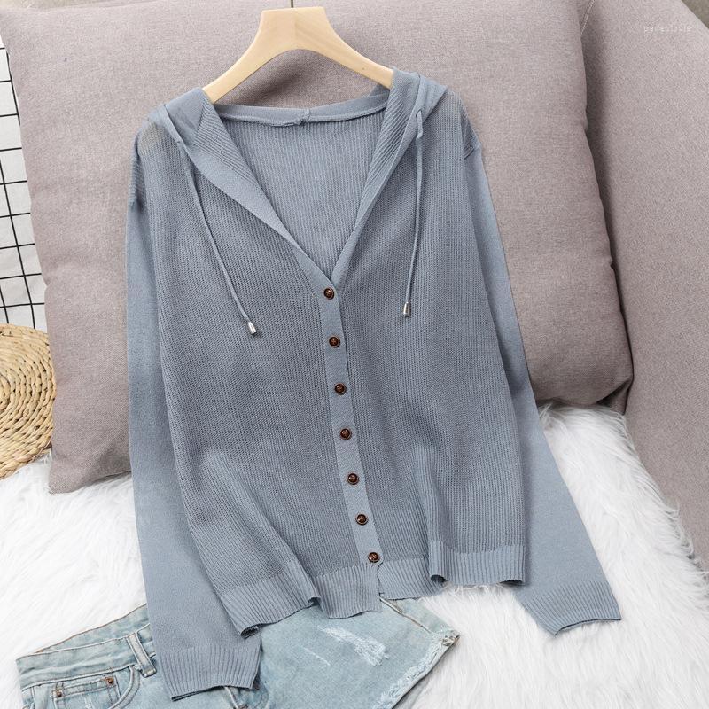 

Women's Knits & Tees Long Sleeve Cardigan Women For Summer 2022 Knitted Korean Button Up Hooded Jacket Ice Silk Sweater Thin Sunscreen Tops, Black