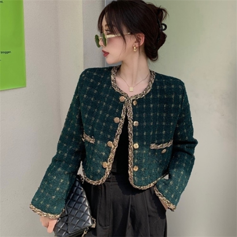 

Women Elegant Plaid Tweed Outerwear Spring Round Neck Single Breasted Blends Wool Female Long Sleeve Short Jacket Coat 210526, Photo color