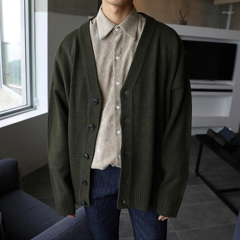 Pulls pour hommes garçons vert surdimensionné pull tricoté lâche vintage col en v hommes boutonné cardigan à manches longues tricots décontracté