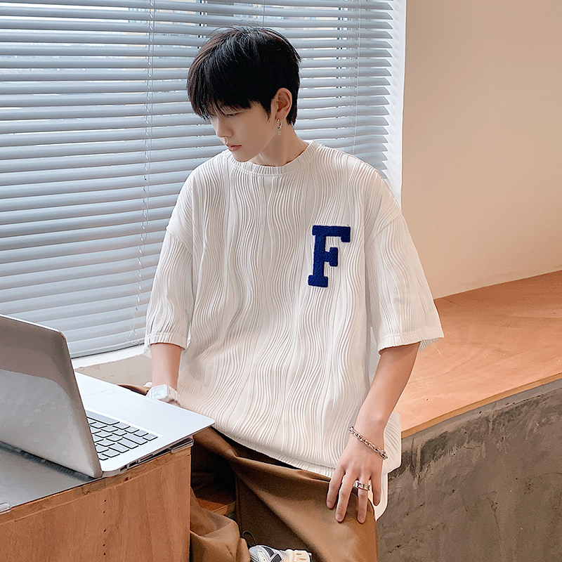 

Flocking Embroidered Letters Short Sleeve T-Shirt Thin Fashion Jacquard Top Oversize Summer Loose Casual O-Neck Men's Clothes 0613, Black