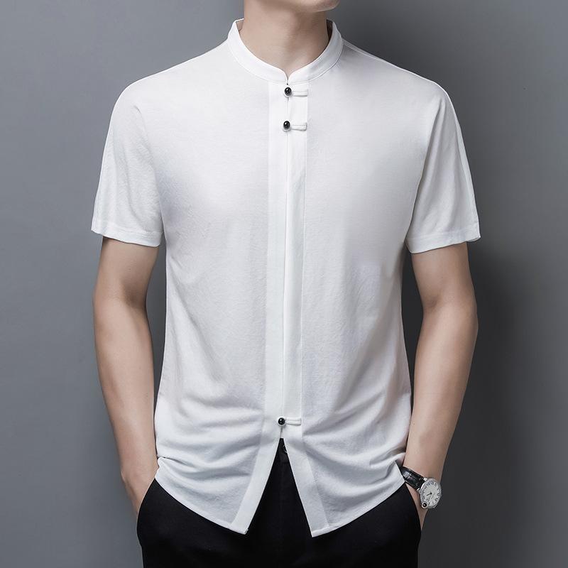 

Men's Dress Shirts Summer Tang Suit Men's Pullover Button Up Shirt Short Sleeve 2022 Casual Classic Male Luxury Collarless Solid Color S, White