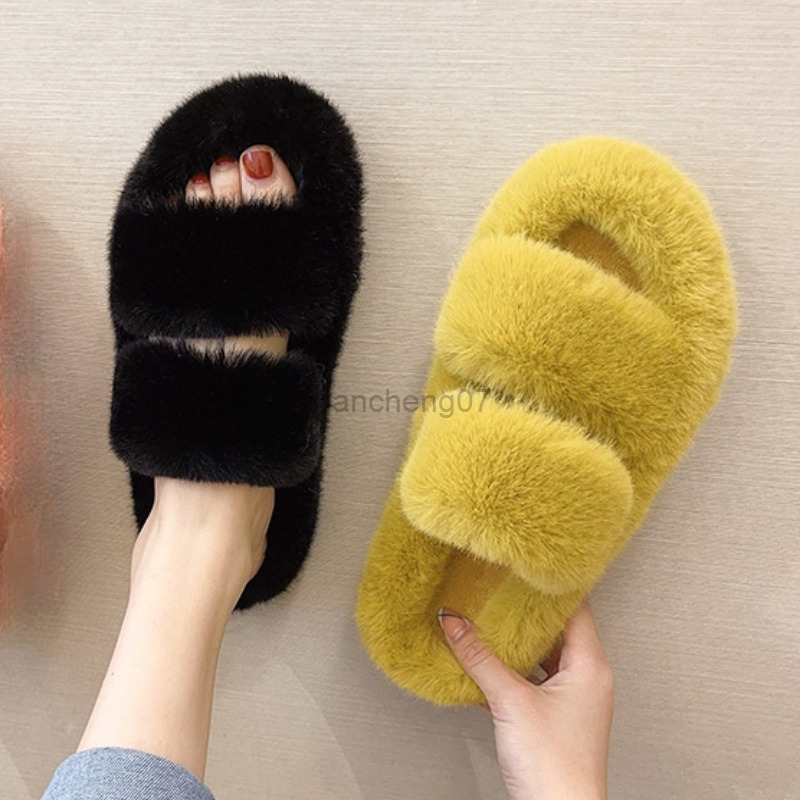 2022 Winter Keep Warm Women Fur Furry Slippers for Home Fluffy Soft Indoor Slides Thick Flats Heel Non Slip Indoor House Shoes G220816