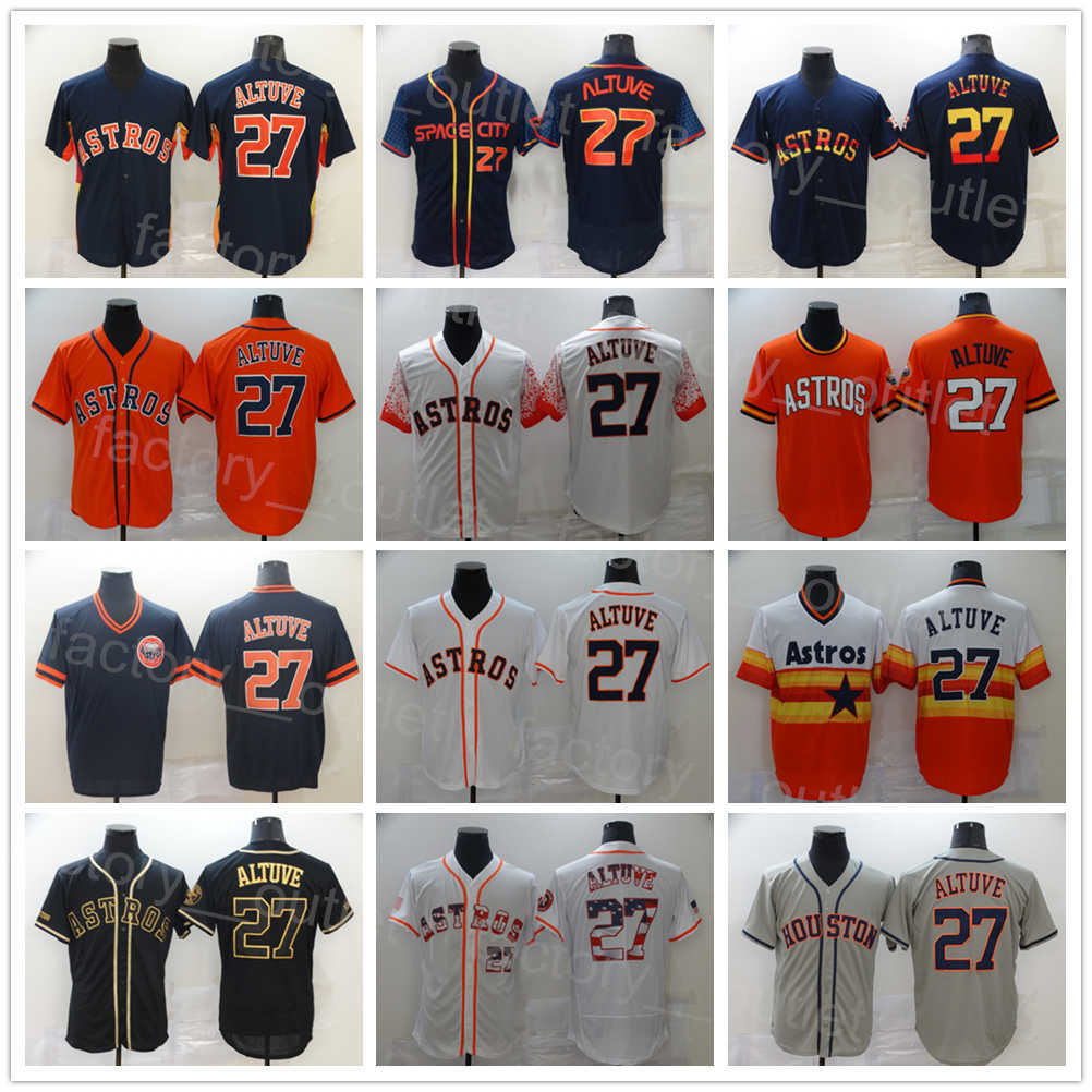 Hommes Baseball Space City Connect 27 Jose Altuve Jersey Flexbase Cool Base Bleu marine Blanc Orange Noir Gris Couleur de l'équipe Pull tout cous