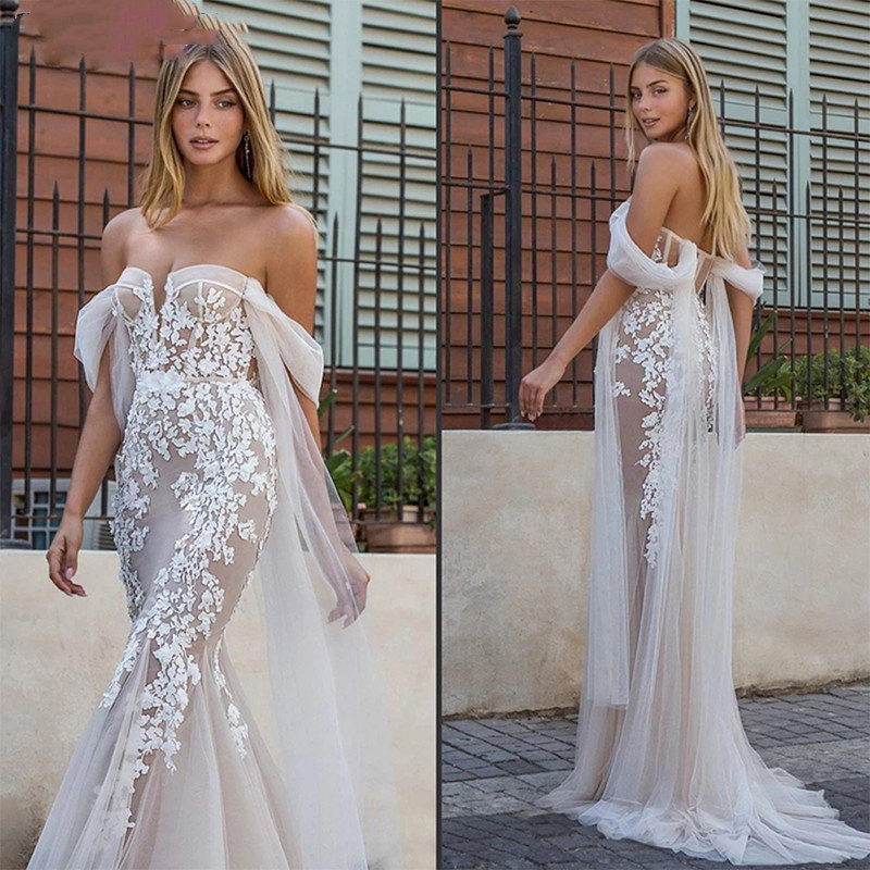 Robe de mariée sirène élégante sans manches, décolleté en V profond, épaules dénudées, paillettes appliquées, longueur au sol en dentelle, Illusi