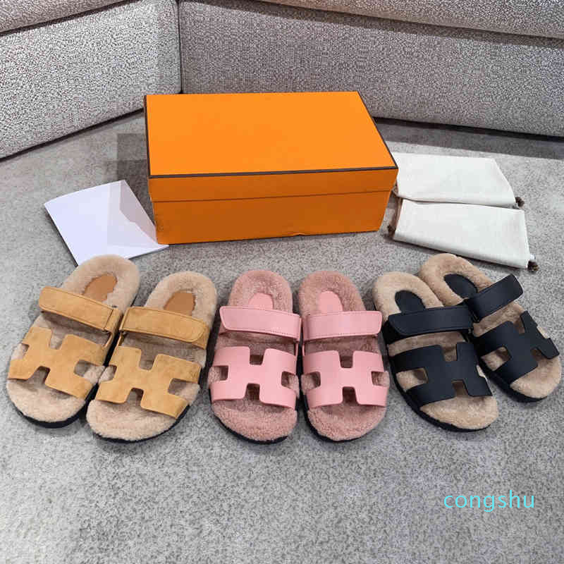 Original Herme Sandals Slipper H-shaped Lamb Fur Integrated Magic Patch Round Head Flat Bottom Second Uncle Shoes Wool Sandals