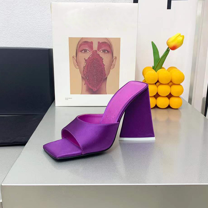 

TheAttco women Triangular heel Slipper Black real silk square toes slippers chunky heels mini summer shoes 10cm highLuxury Designer Sandals factory shoes, Orange