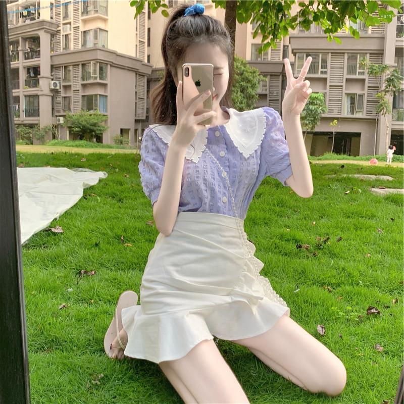 

Lightly Cooked Hepburn Style Sweet Taro Purple Puff Sleeve Western Two Peice Set For Women Summer Women' Tracksuits, Clear