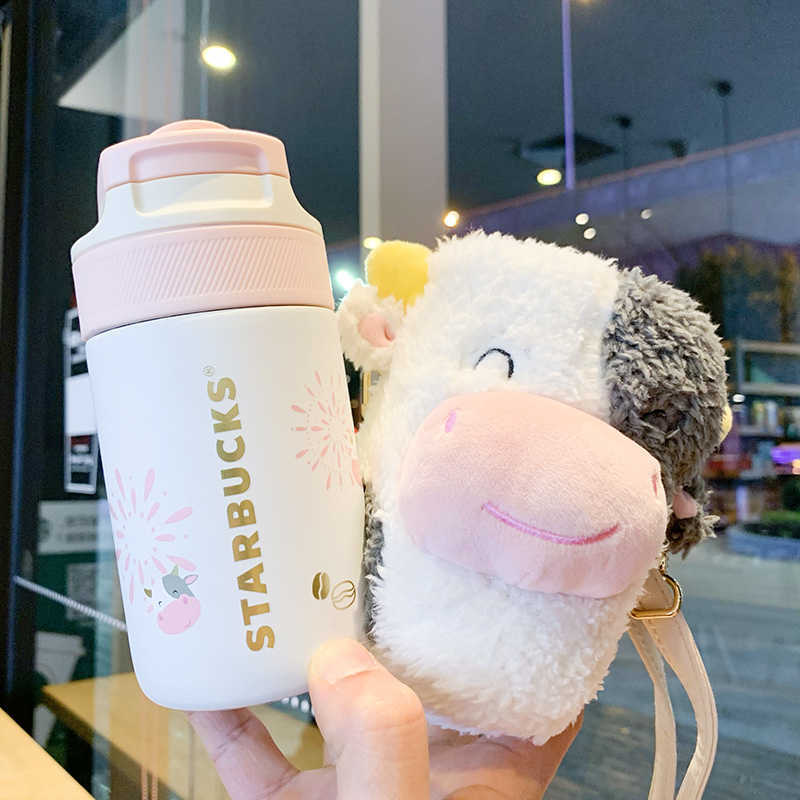 Starbucks year of the ox cup lovely cow kambukka stainless steel straw pink portable water with cover-image-760267191