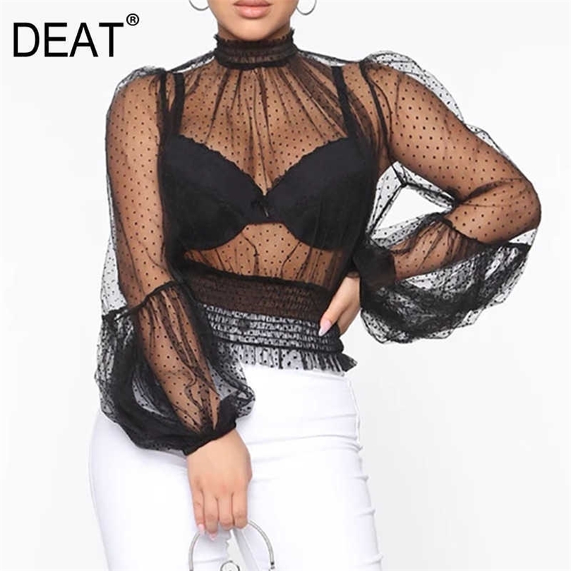 

DEAT Women Perspective Polka Dot T-shirt Solid Color Round Neck Lantern Sleeve Fashion Spring Summer 11D99 210709, Beige
