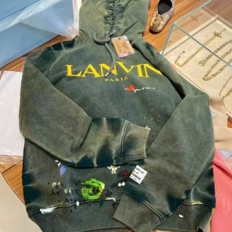 

women' Men' and lanvin wash water hand-painted printed knitted sweater hoodies, Green