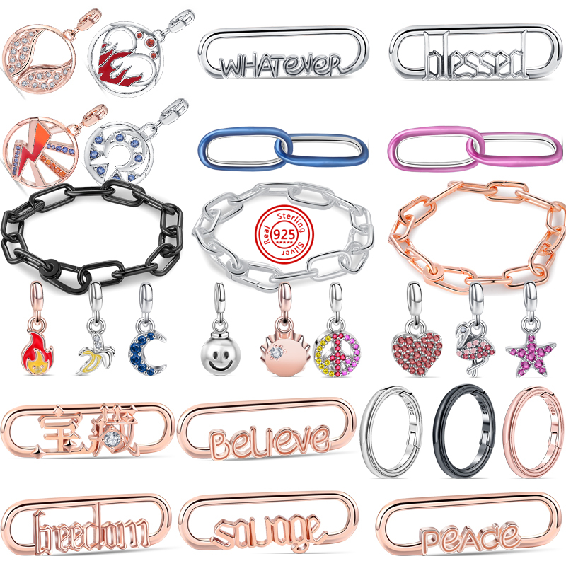 925 Silver Charm Beads Dangle New Medallion Word Styling Link Blue Purple Double Link Mini Pendant Bead Fit Pandora Charms Bracelet DIY Jewelry A