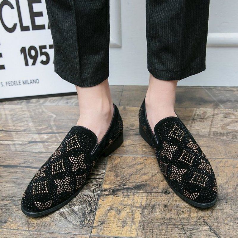 

Casual Fashion Loafers Men Shoes Faux Suede Color-blocking Heavy Industry Rhinestones Classic Trend Youth Pointed Toe Business British Shoes, Clear