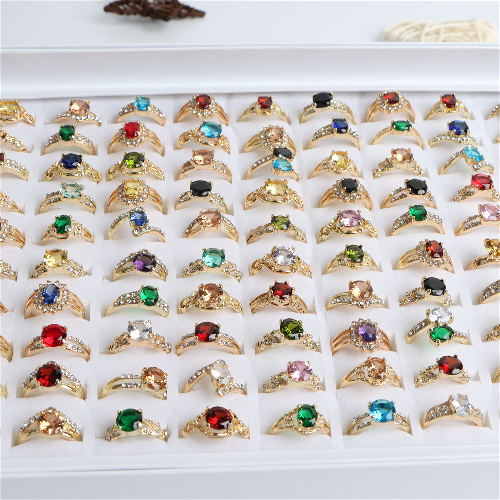 

50Pcs/Lot Fashion Sparkling Zircon Alloy Rings For Women Gold Color Engagement Wedding Jewerly Colorful Party Gift Wholesale