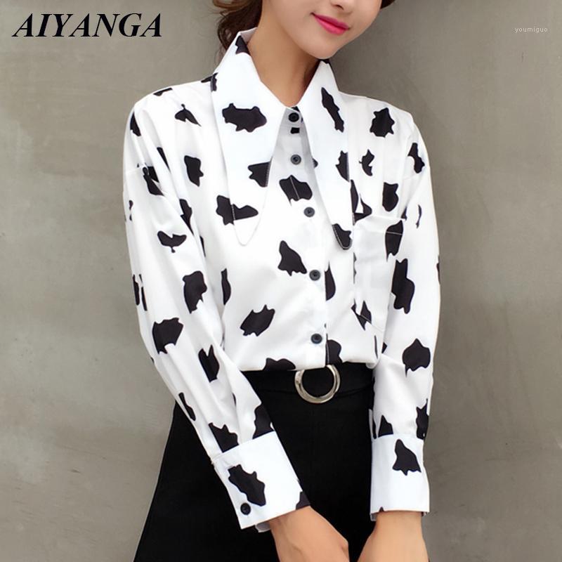

Women' Blouses & Shirts 2022 Spring Chiffon For Women Long Sleeve Print Fashion Turn-Down Collar Office Lady Casual Blouse  M L XL, White