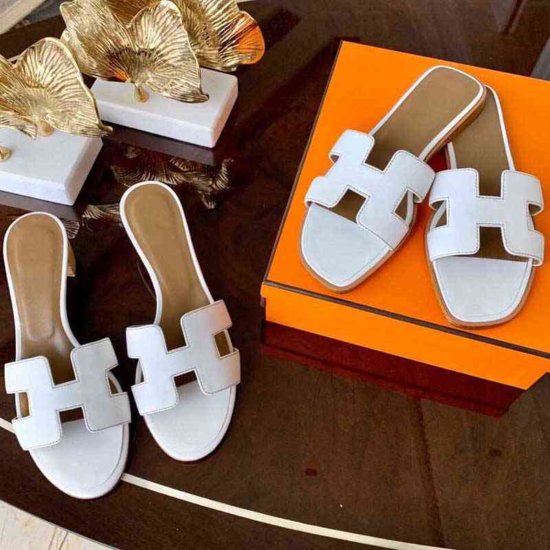 

Original Herme Slippers Designer Spring and summer classic medium heel slippers women's pure leather flat bottom h sandals high quality thick shoes, Black (flat)