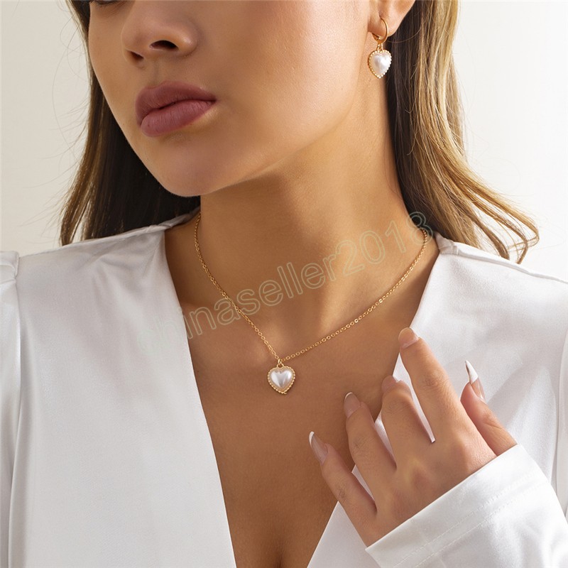 

Elegant Imitation Pearl Heart Pendant Necklace Earring for Women Wedding Bridal Fashion Statement Jewelry Sets, Silver