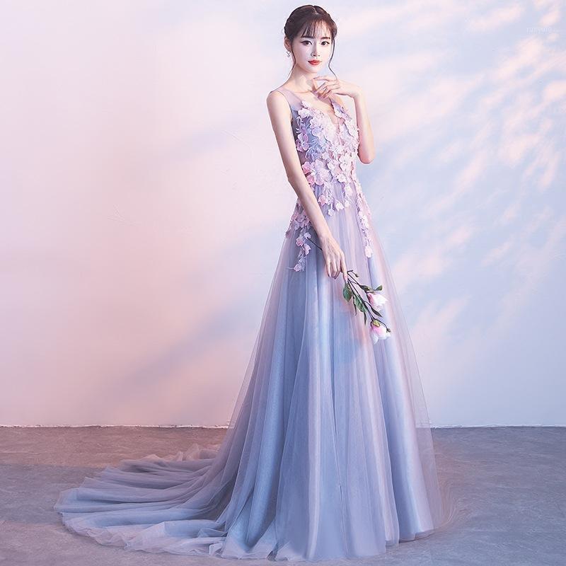 Grey chinois oriental broderie mariage femme sexy cheongsam v-couche robe de soirée élégante robes de princesse moderne
