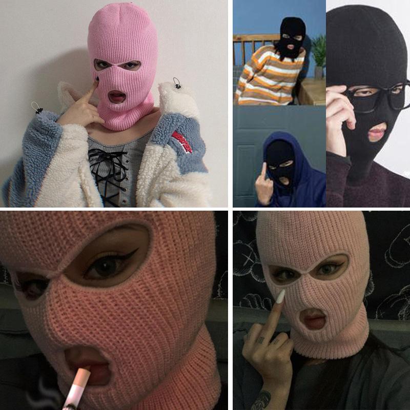 

Berets Full Face Cover Mask Three 3 Hole Balaclava Knit Hat Army Tactical CS Winter Ski Cycling Beanie Scarf Warm MasksBerets, Black