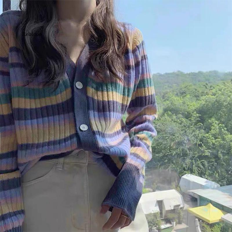 

Women's Sweaters Vintage Women V Neck Stripe Loose Pullover 2022 Spring Fashion Ladies Streetwear Knitted Girls Chic KnitwearWomen's, White green