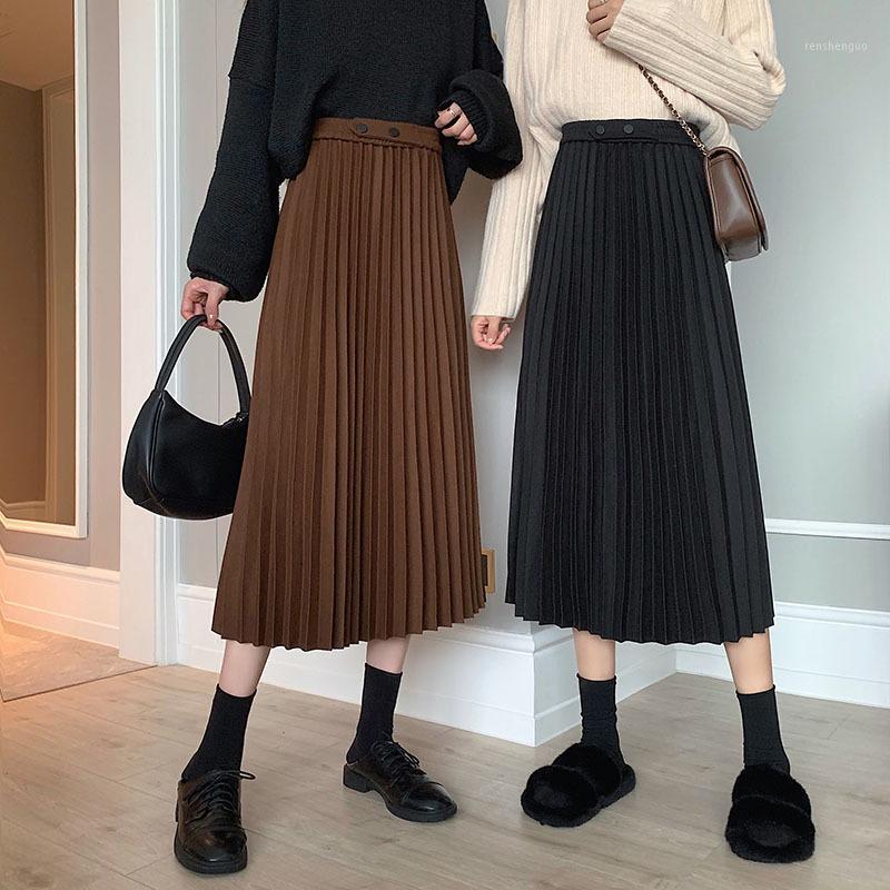 

Skirts 2022 Winter Women Draped Rib Pleated Skirt Elastic High Waist Long Female Autumn Ladies Quality Midi Saia, Black