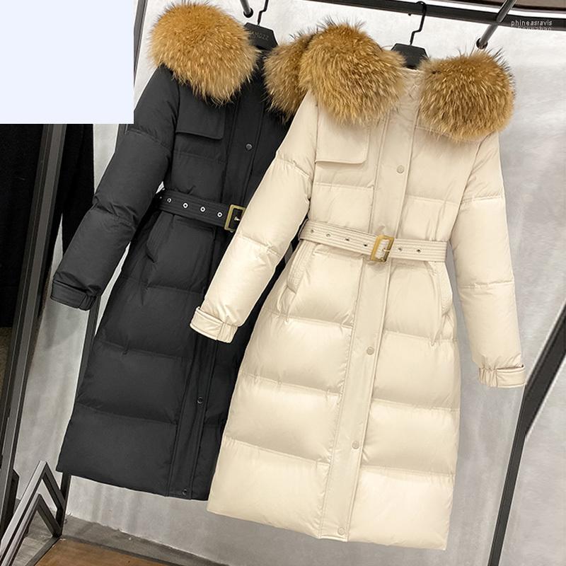 

Women' Down & Parkas Large Real Raccoon Fur Long Jacket Women 90% White Duck Coat Loose Hooded Thick  Female Overcoat With Belt Phin22, Fur4