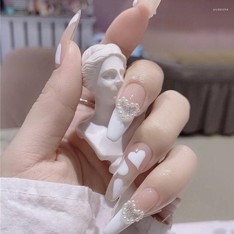 

False Nails 24Pcs Simple Heart Pearl French Long Coffin With Designs Artificial Tips Ballet Bow Glue Press On Nail Prud22, Sky blue