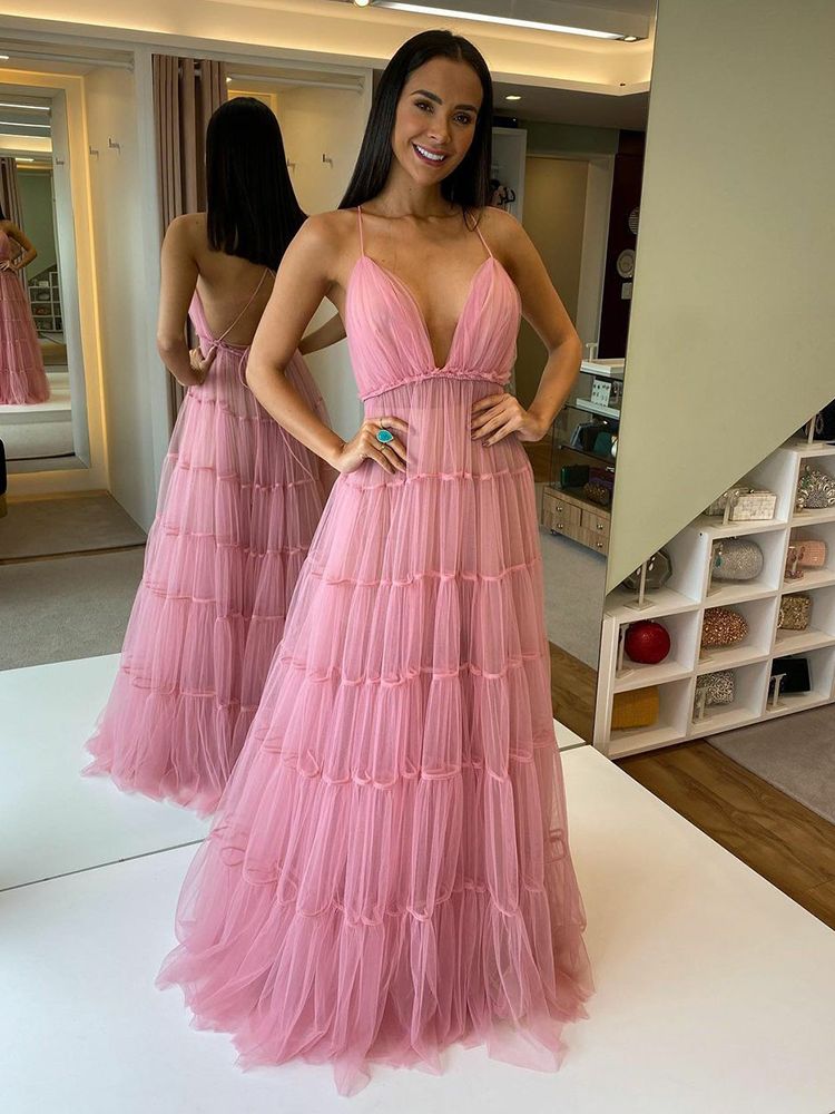 

Spaghetti Straps Sexy Evening Dresses For Women 2022 Backless A-Line Deep V Neck Party Prom Gowns Tiered Custom Made, Champagne