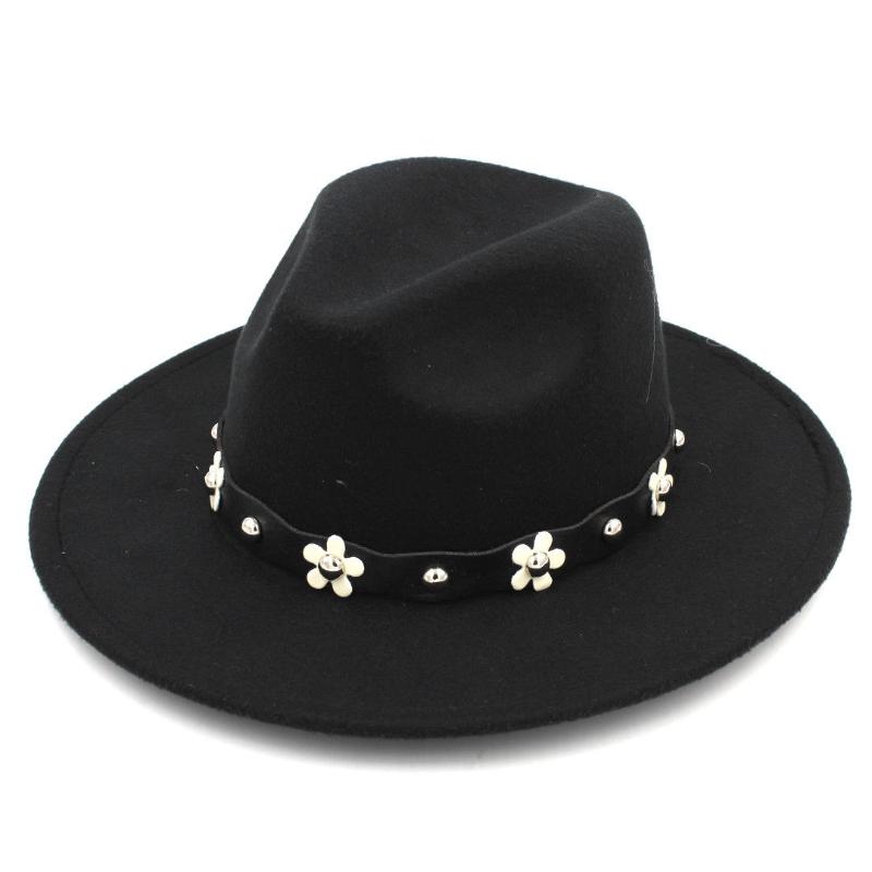 

Berets Mistdawn Ladies Women Wool Blend Panama Hats Wide Brim Fedora Trilby Caps Party Hat Acrylic Flowers Leather Belt BandBerets BeretsBer, Black