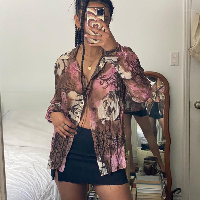 

Women' Blouses & Shirts 2022 Autumn Vintage Floral Blouse Women Long Sleeve Lapel Single-breasted Bohemian Casual Sexy Tops Female, Khaki