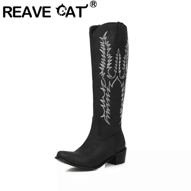 

REAVE CAT Woman Ethnic Knee High Boots Sewing Cowboy Zip Pointed Toe 5cm Chunky Heel Shoes Size -44 Brown Black Red A4366 220813