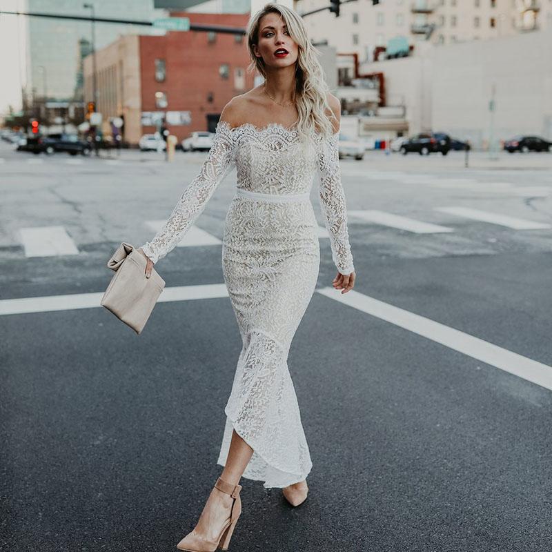 

Casual Dresses Sexy Off Shoulder White Lace Dress Women Elegant Wedding Evening Bodycon Mermaid Long Sleeve Night Party Club Maxi