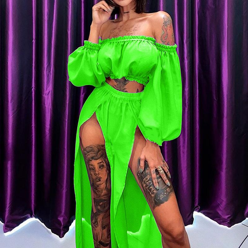 

Women's Swimwear Women Sexy Off Shoulder 2Pcs Set Bikini Cover Ups Bathing Suit Solid Long Sleeve Crop Top Split Maxi Skirt Beach Outfit Swi, Light green