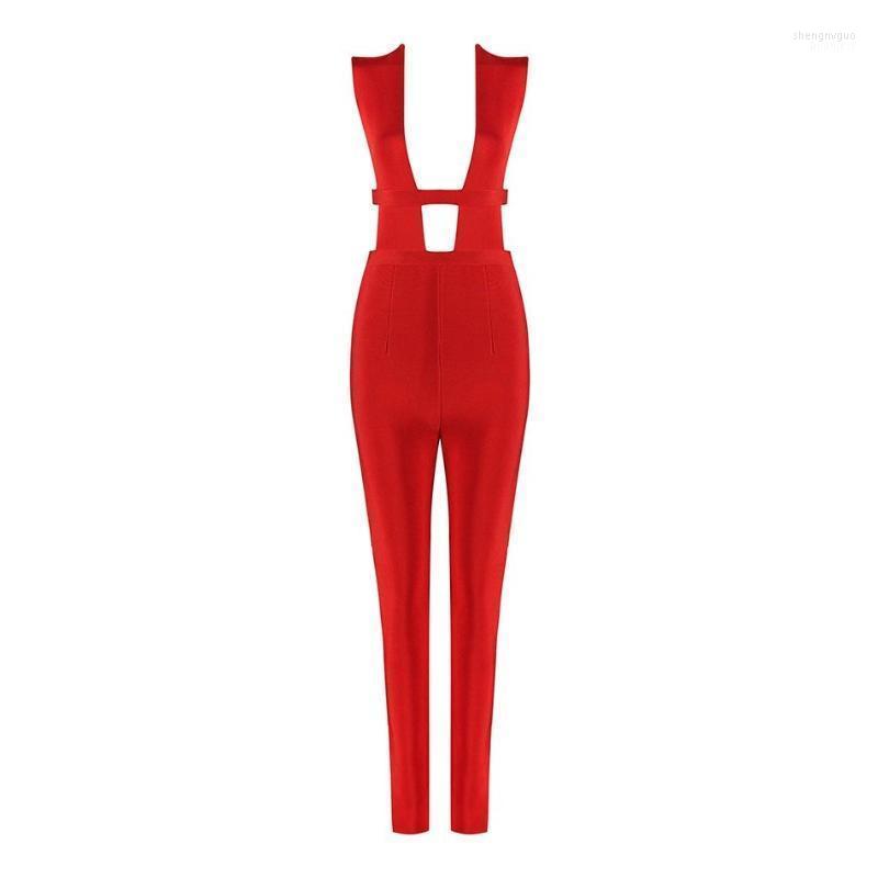 

Women's Jumpsuits & Rompers Lady Hollow Out Sleeveless Sexy Bodycon Nightclub Noble 2022 Summer Full Length Skinny Knitting Jumpsuit, Red