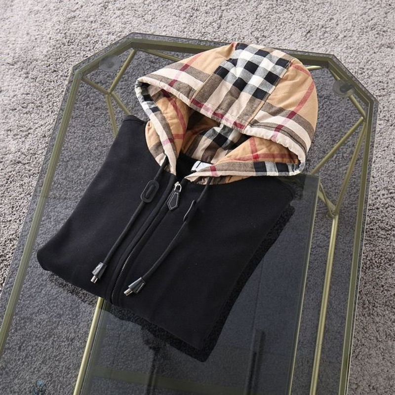 

High Version Designer Top Men's Sweater Panel Contrast Plaid Leather Drawstring Hoodie Couples Fashion Sweatshirts Long Sleeves Zip Cardigan, Black