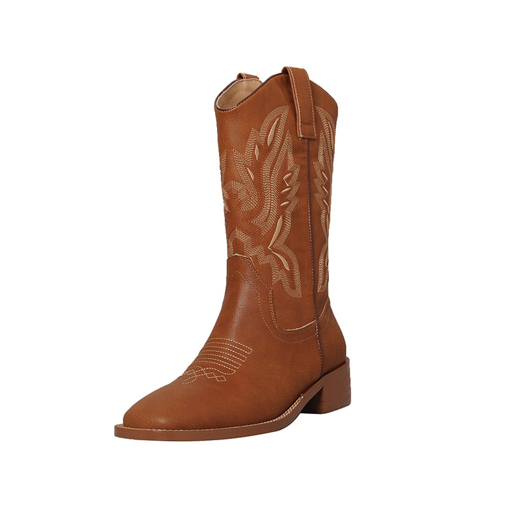 2022 bottes pour femmes printemps et automne nouvelle mode all-match vache daim motif bout carré talon épais mi-manches bottes d'équitation