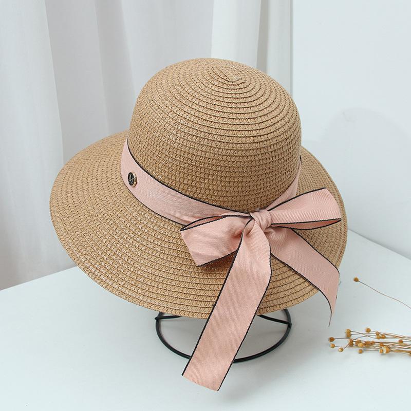 

Wide Brim Hats Bow Tie Round Flat Top Straw Beach Hat Lady Boater Sun Caps Panama Fedora Women's Travel CapWide, White