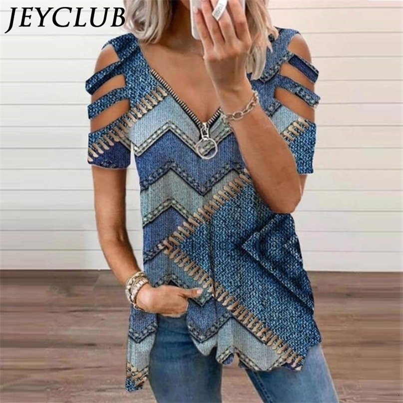 

Women's T-Shirt Summer Fashion Print Floral V-Neck Zipper Tshirt Hollow Pullover Casual Loose Oversize Ladies Top Tee Shirt 220402