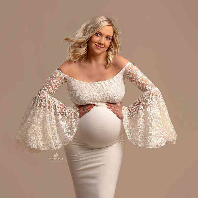 

Lace Pagoda Sleeve Dresses Pregnancy Dress Photography Maternity Photography Props Fishtail Maternity Dresses For Photo Shoot G220418, White