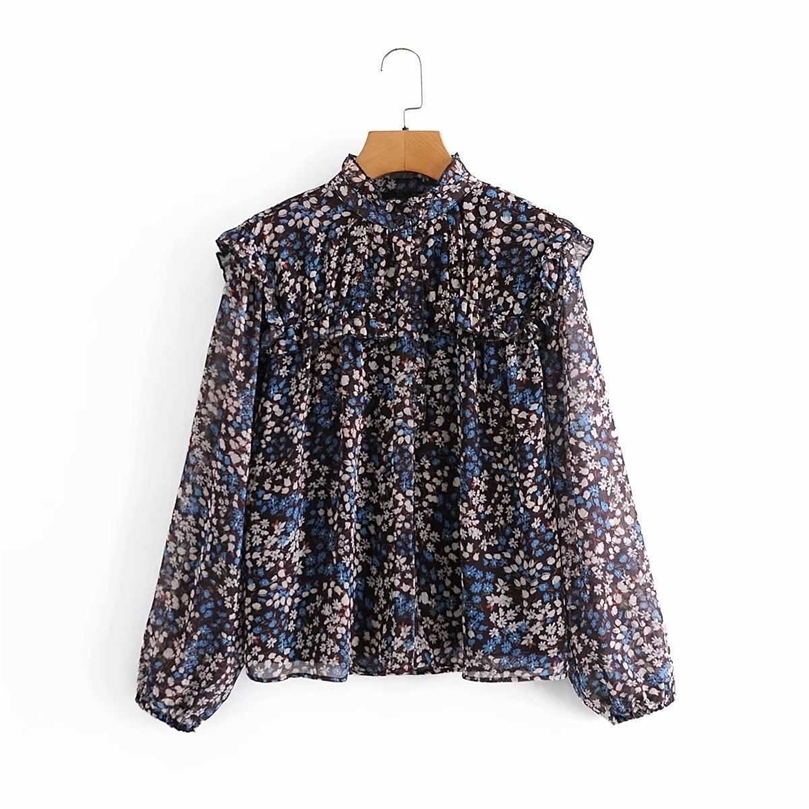 

Women Chiffon Blouse Long Sleeves Ruffled Trim Vintage Casual Chic Woman Lined Blouse Shirt Tops Femme Mujer blusas 210709, As picture