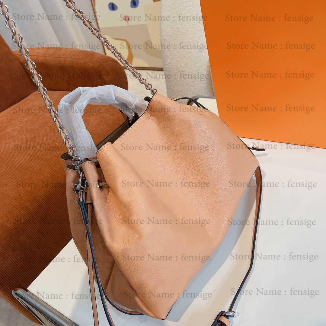 

Bella Tote 22SS Mahina Drawstring Bag Perforated Calf Leather Handbag Women Luxury Designer Organized Handle Bucket Bag Large Capacity Jewel-like Chain, #1