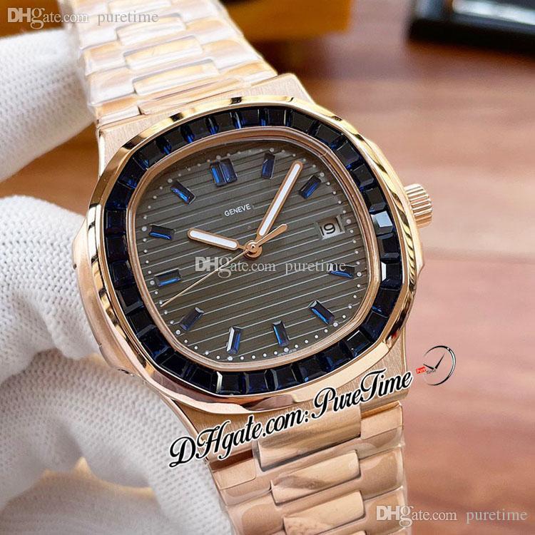 

Sale 40mm 5711 A21J Automatic Mens Watch Rose Gold Baguette Blue Gem Bezel Gray Texture Dial Diamonds Stick Markers Stainless Steel Bracelet Puretime E217g7, Customized waterproof service