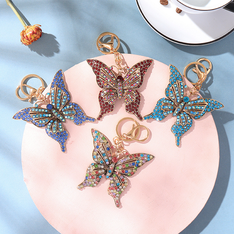 

Glittering Crystal Butterfly Keychain Full Rhinestone Alloy Key Chain For Women Girl Car Handbag Bag Charm Pendant KeyRing 4 colors