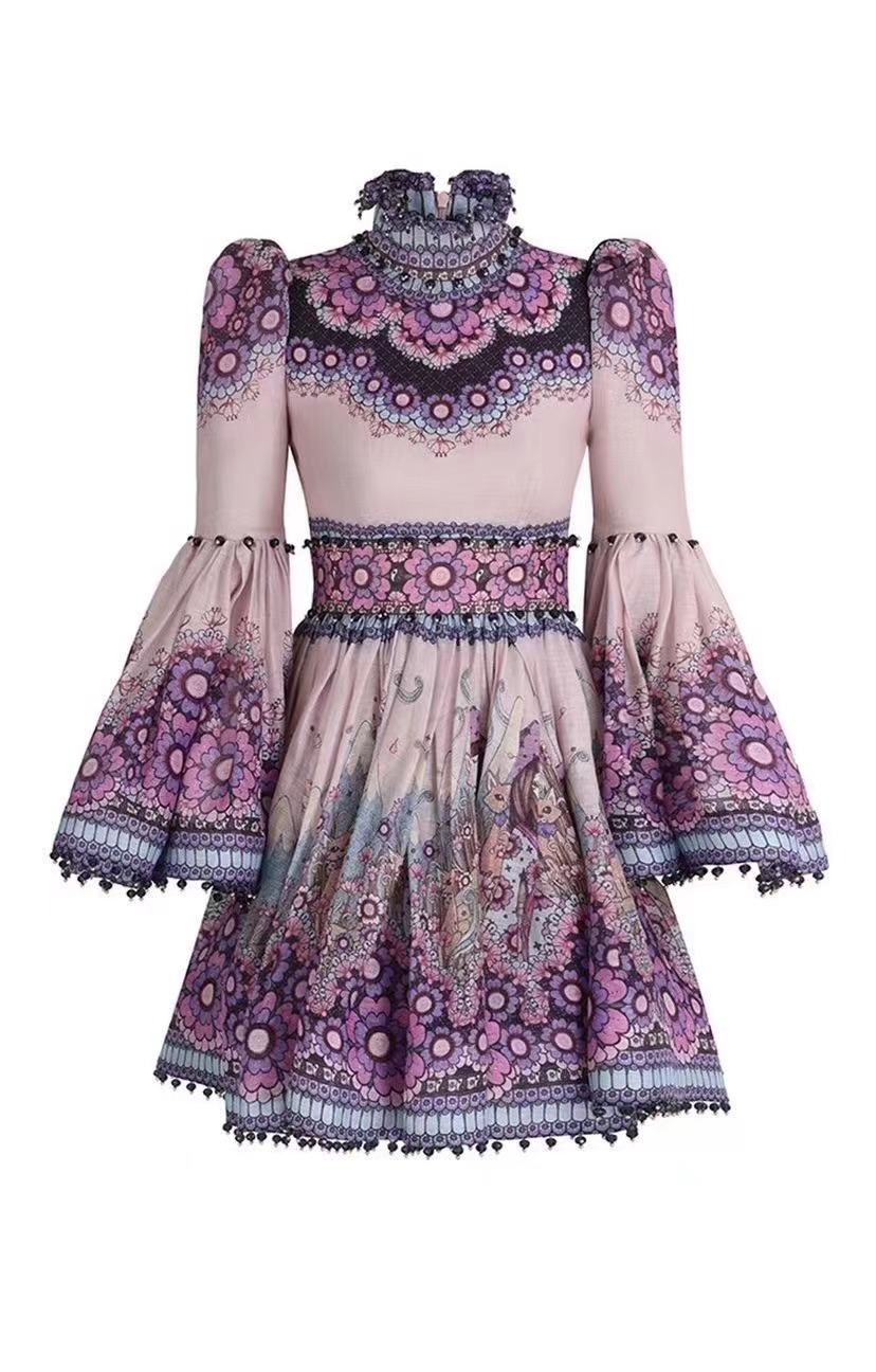 

2022 European fashion brand stand collar waist slim dress umbrella skirt, Multi