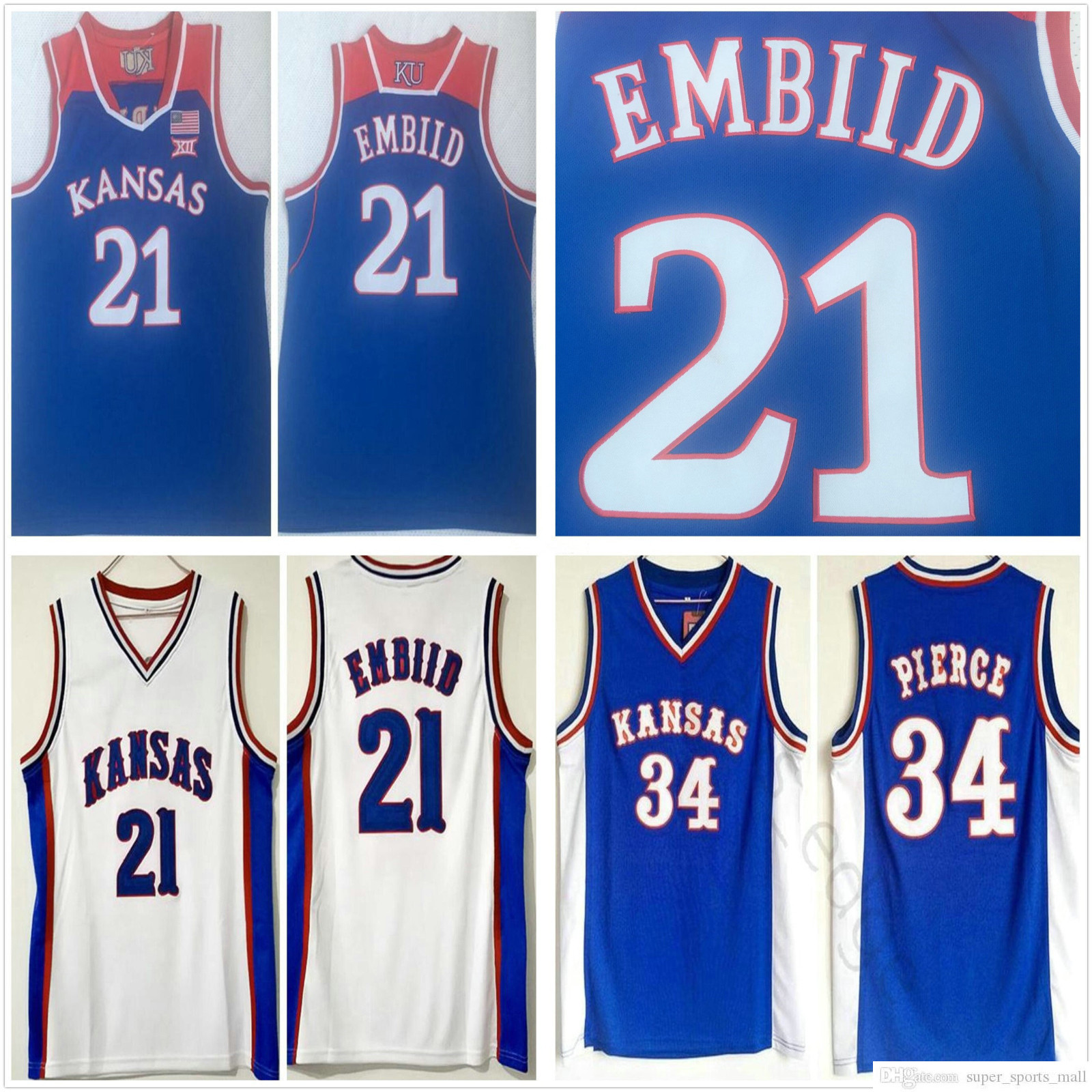 

Stitched NCAA Kansas Jayhawks College Basketball Jerseys Joel 21 Embiid Vintage Paul 34 Pierce Jersey Blue Shirts -2XL, Lavender