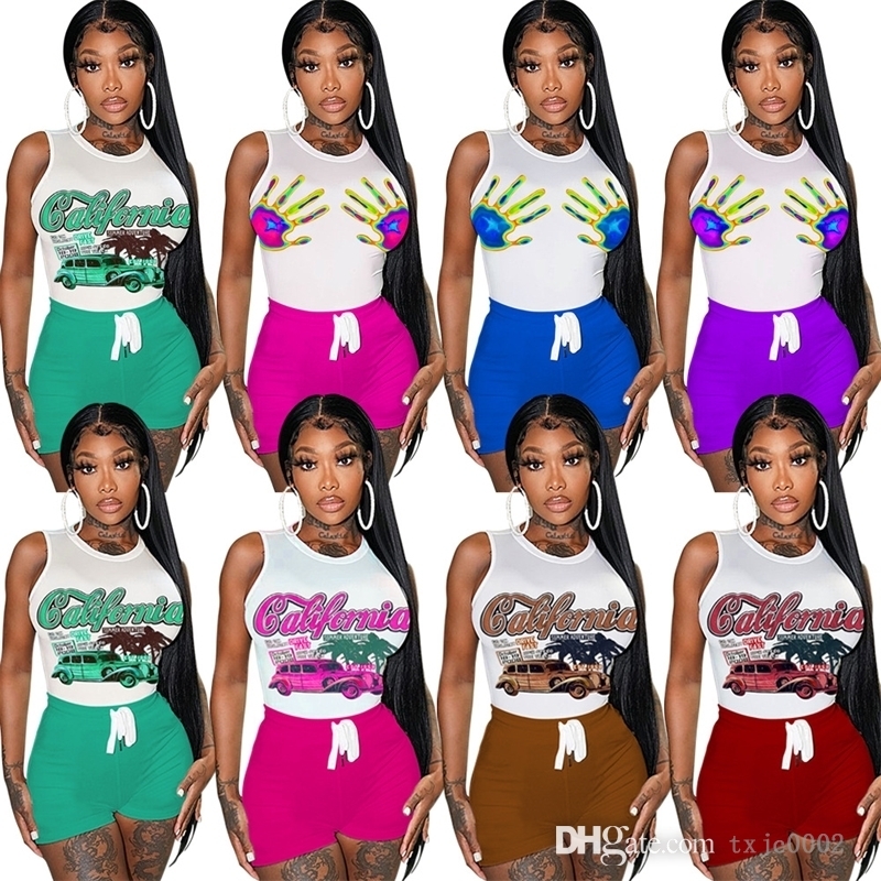 

2022 Womens 2 Piece Summer Set Tracksuits Designer Printed Sleeveless Sports Vest Tank Tops Tight Shorts Outfits, Car - coffee