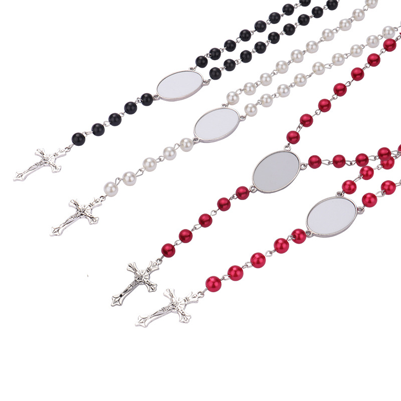 

4 colors Sublimation necklace Heat Transfer Pendant Rosary bead Necklace Cross Jesus Metal Pendants