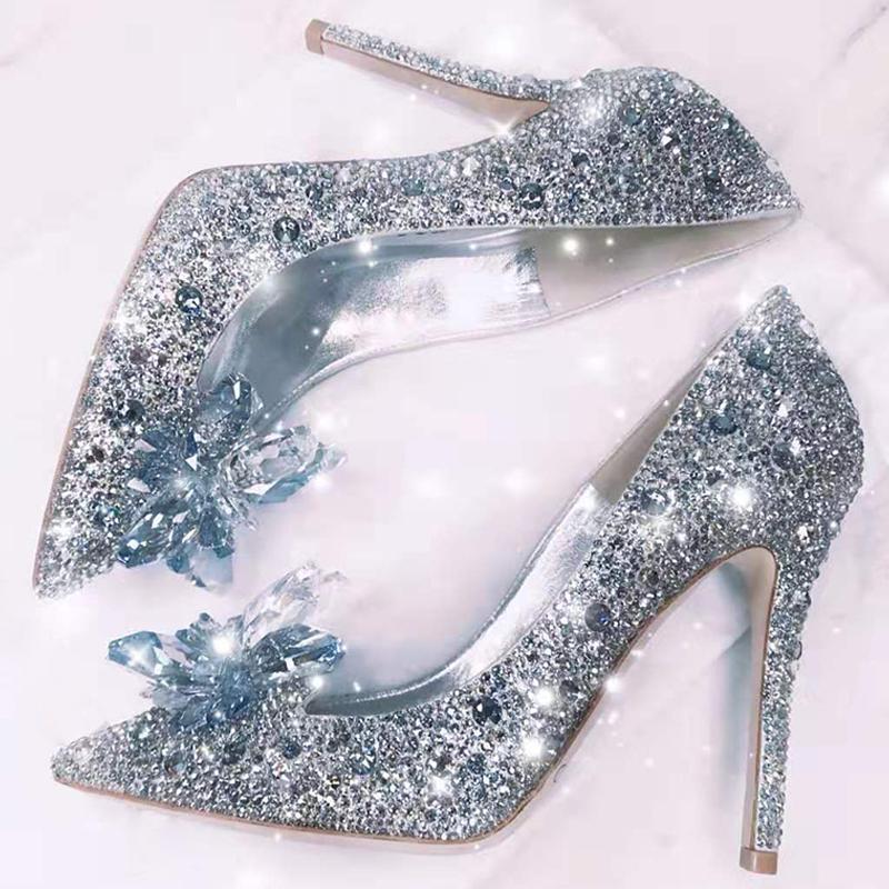

2022 Newest Cinderella Shoes Rhinestone High Heels Women Pumps Pointed Toe Woman Crystal Party Wedding Shoes 5cm/7cm/9cm, Black -7cm heel