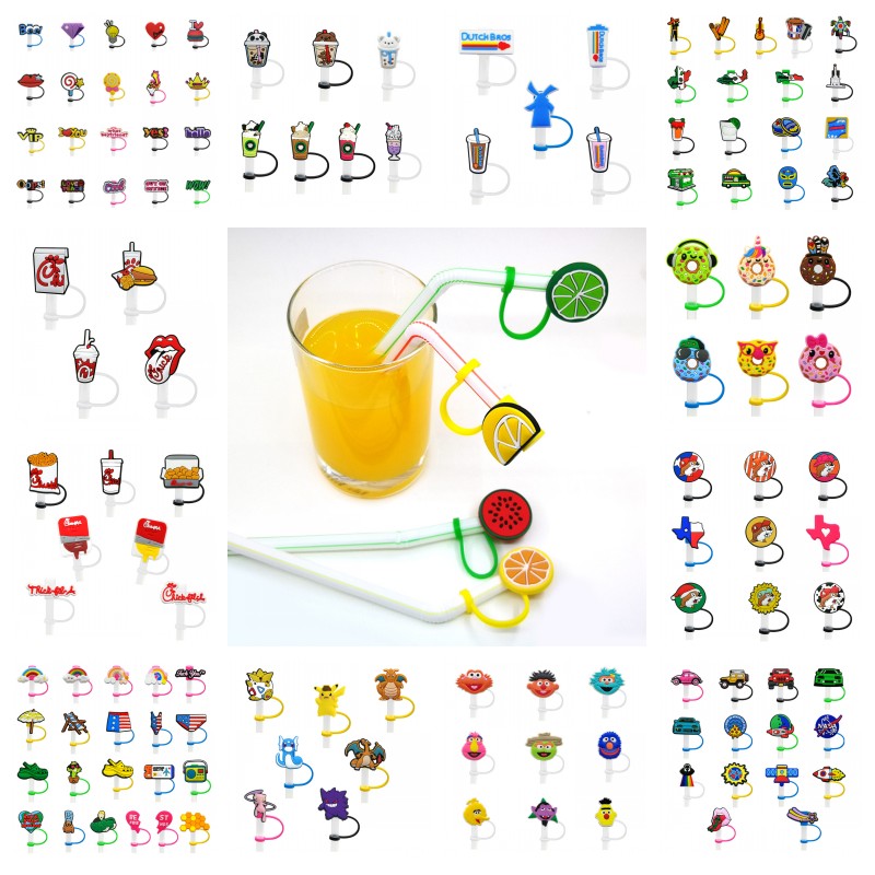 

Custom drinks etc pattern soft silicone straw toppers accessories cover charms Reusable Splash Proof drinking dust plug decorative 8mm straw party supplies