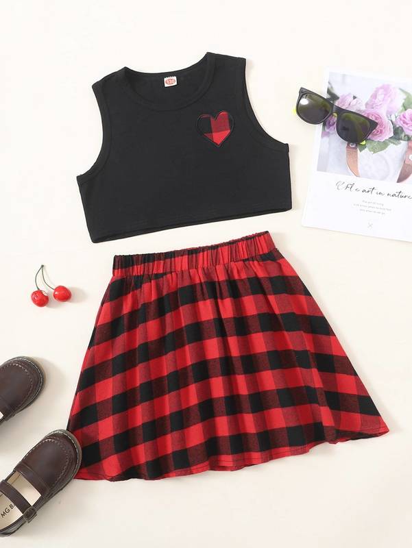 

Girls Buffalo Plaid Heart Embroidery Crop Tank Top & Skirt SHE, Multicolor