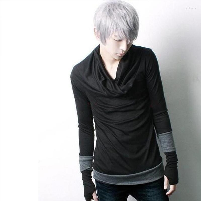 

Men's T-Shirts Winter Korean Personality Collar With Gloves Long-sleeved T-shirt Men's Couple Trend Shirt Pile CollarMen's Mild22, Black